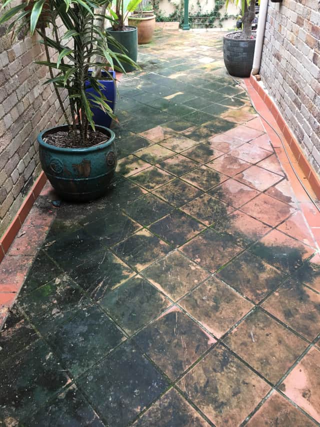 before teracotta outdoor patio courtyard clean